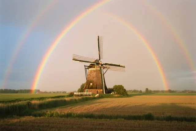 Een oude windmolen staat tussen groene en bruine velden onder een dubbele regenboog in warm goudkleurig licht.