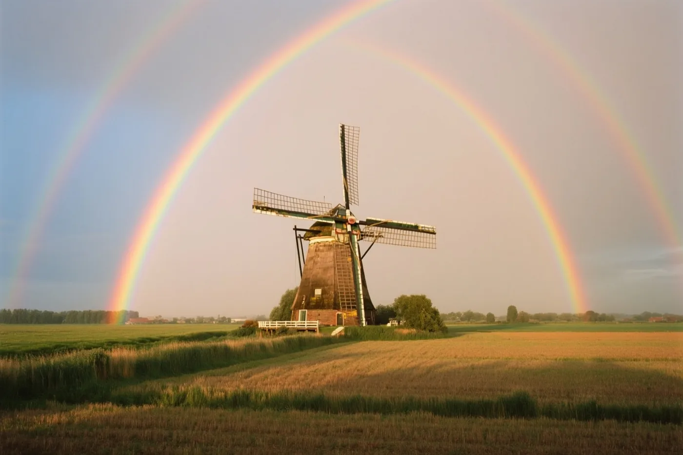Een oude windmolen staat tussen groene en bruine velden onder een dubbele regenboog in warm goudkleurig licht.