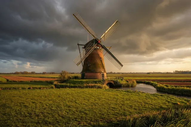 Een bakstenen windmolen staat in een groene polder onder donkere stormwolken waar goudkleurig licht doorheen breekt.