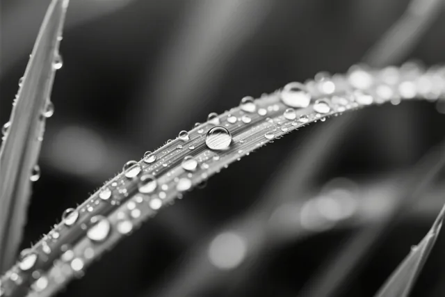 Dauwdruppels hangen aan een grasspriet in een monochrome close-up met een onscherpe natuurlijke achtergrond.