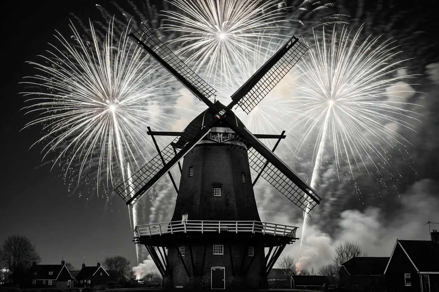 Een bakstenen windmolen tekent zich af tegen fel vuurwerk in de nachthemel in een monochroom beeld.