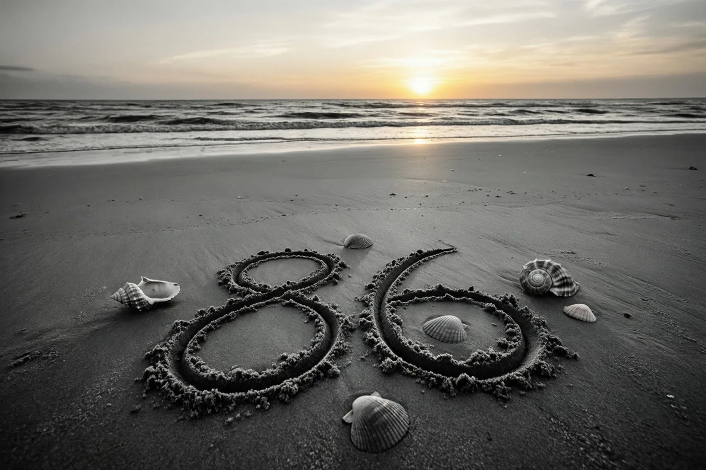Het getal 86 staat in het strandzand tussen schelpen in een monochroom beeld met een warme gloed van de ondergaande zon aan de horizon.
