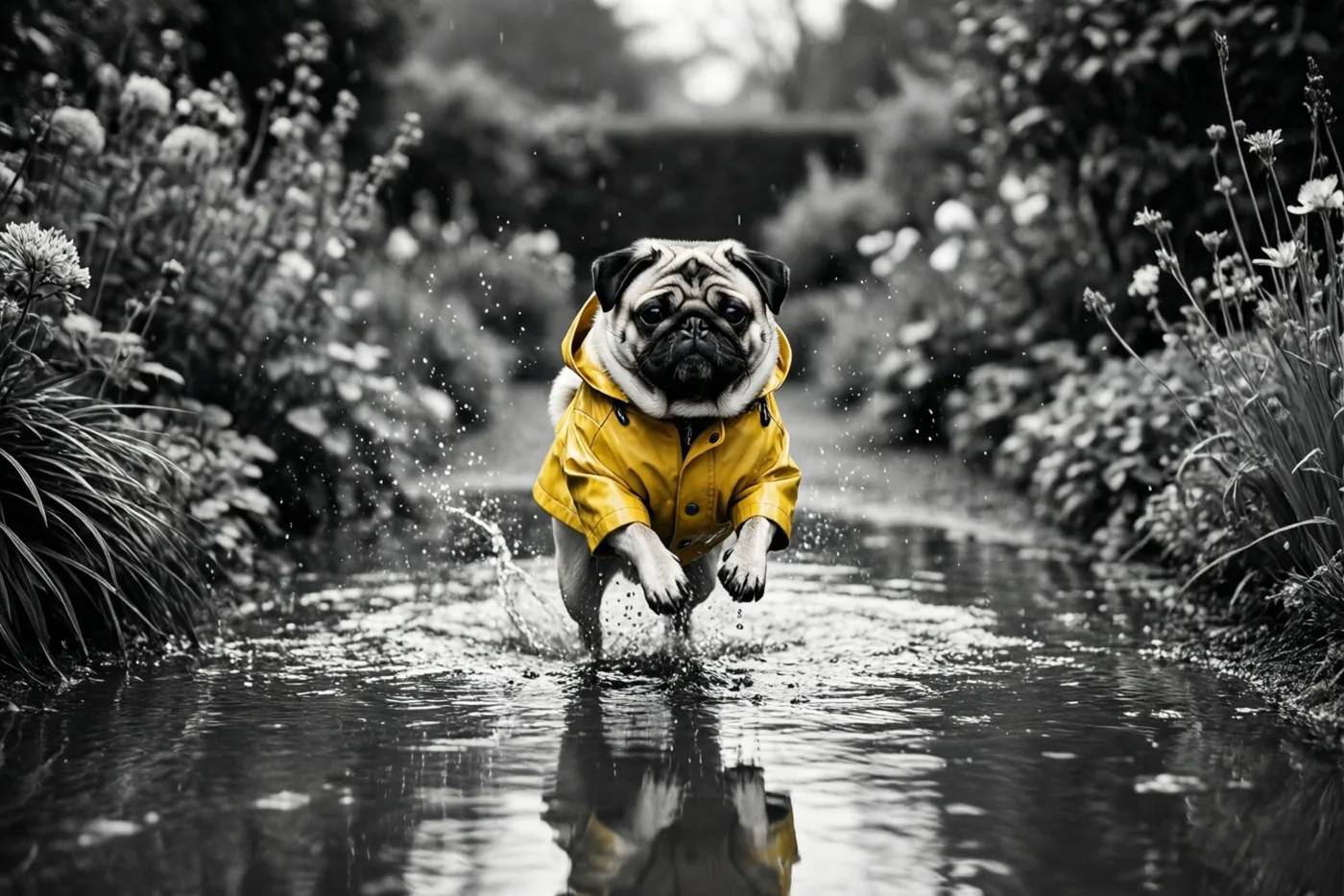 Een mopshond springt met spattend water in een plas op een tuinpad, waarbij alleen zijn gele regenjas kleur heeft in de verder zwart-witte foto.