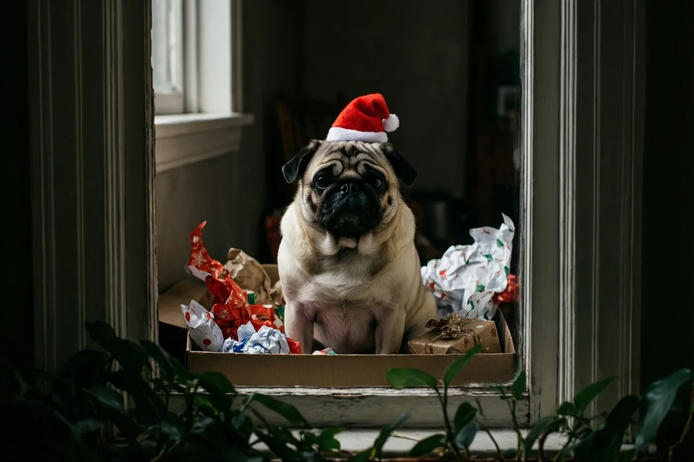 Door een raamkozijn is een mopshond met een kleine rode kerstmuts te zien in een kartonnen cadeaudoos met gekreukt inpakpapier, verlicht door zacht daglicht.