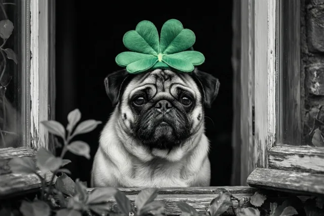 Een mopshond met een groene klavertjevierhoed kijkt uit een verweerd houten raam in een vrijwel zwart-witbeeld waarin de hoed felgroen kleurt.