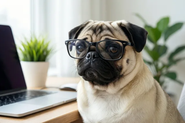 Een mopshond met een bril met zwart montuur zit aan een houten bureau naast een laptop en een potplant in zacht daglicht.