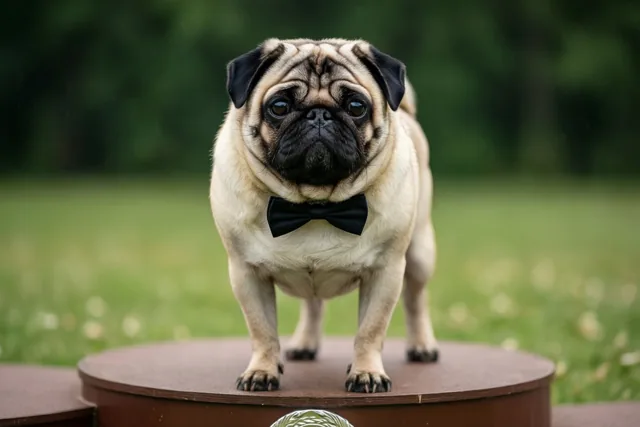 Een mopshond met een zwart strikje staat op een rond houten podium in een grasrijke omgeving bij zacht daglicht.
