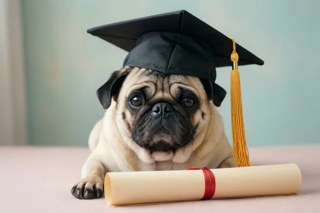 Mopshond met een meesterdiploma