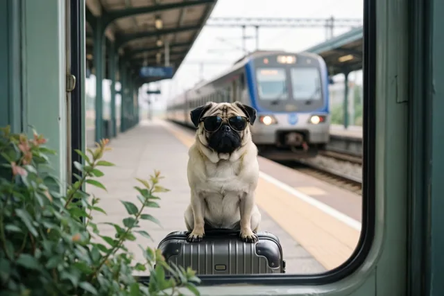 Door een raam is een mopshond met een zonnebril te zien op een zilverkleurige koffer op een perron, met een naderende trein op de achtergrond.