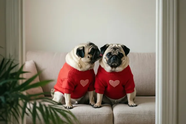 Twee mopshonden in rode truien met hartjes zitten op een beige zetel, waar de linkerhond het oor likt van de rechterhond die naar de camera kijkt.
