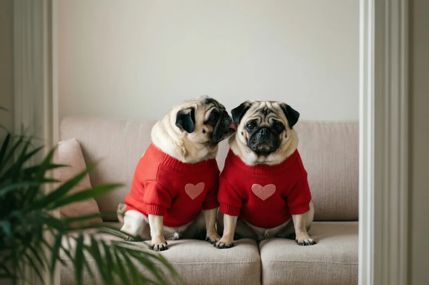 Twee mopshonden in rode truien met hartjes zitten op een beige zetel, waar de linkerhond het oor likt van de rechterhond die naar de camera kijkt.