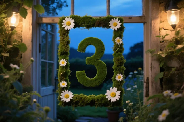 Een cijfer 3 van groen mos staat in een moskader met witte madeliefjes in een tuin bij schemering, verlicht door warme lantaarns onder een blauwe avondlucht.
