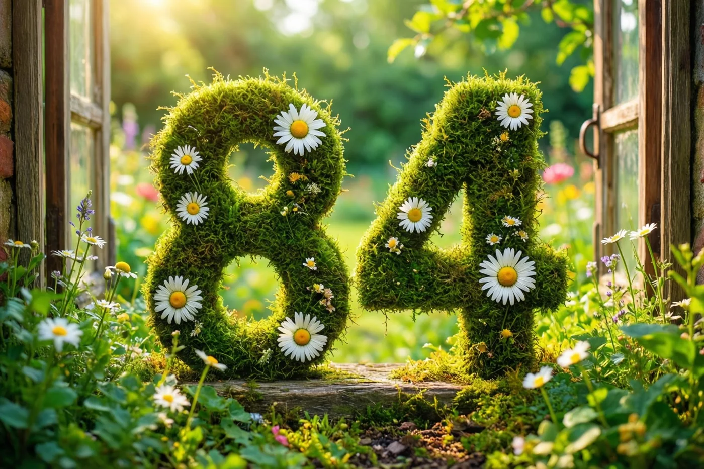 Een raamwerk van groen mos vormt 84 met witte madeliefjes in een rustieke tuin met houten raamkozijnen en zonbeschenen bladeren.