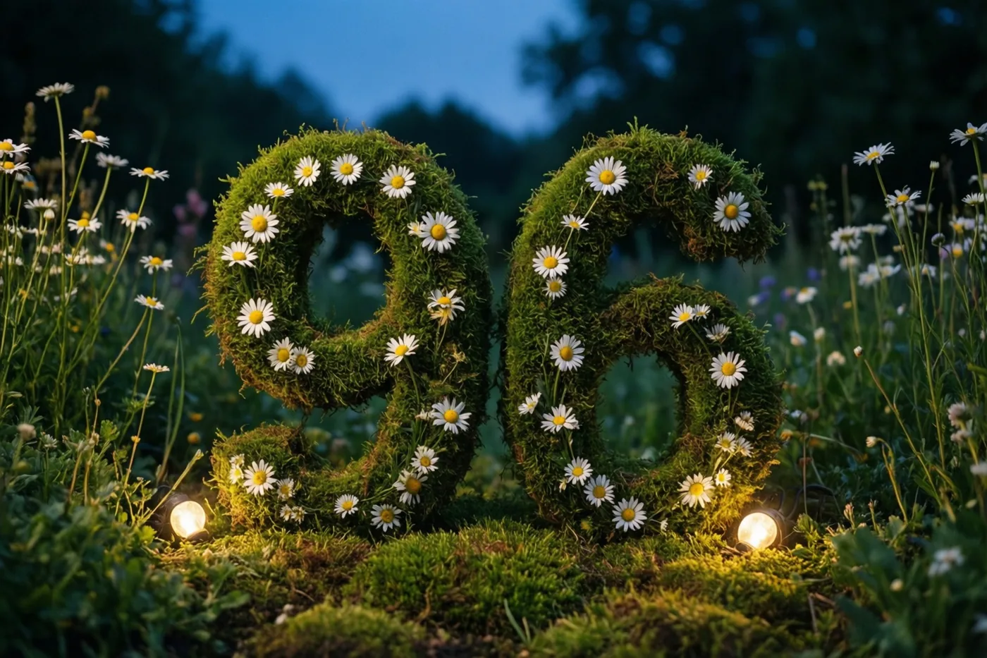 Een met mos bekleed raamwerk vormt het getal 96, met madeliefjes en kleine lantaarns in een landelijke tuin bij schemering.