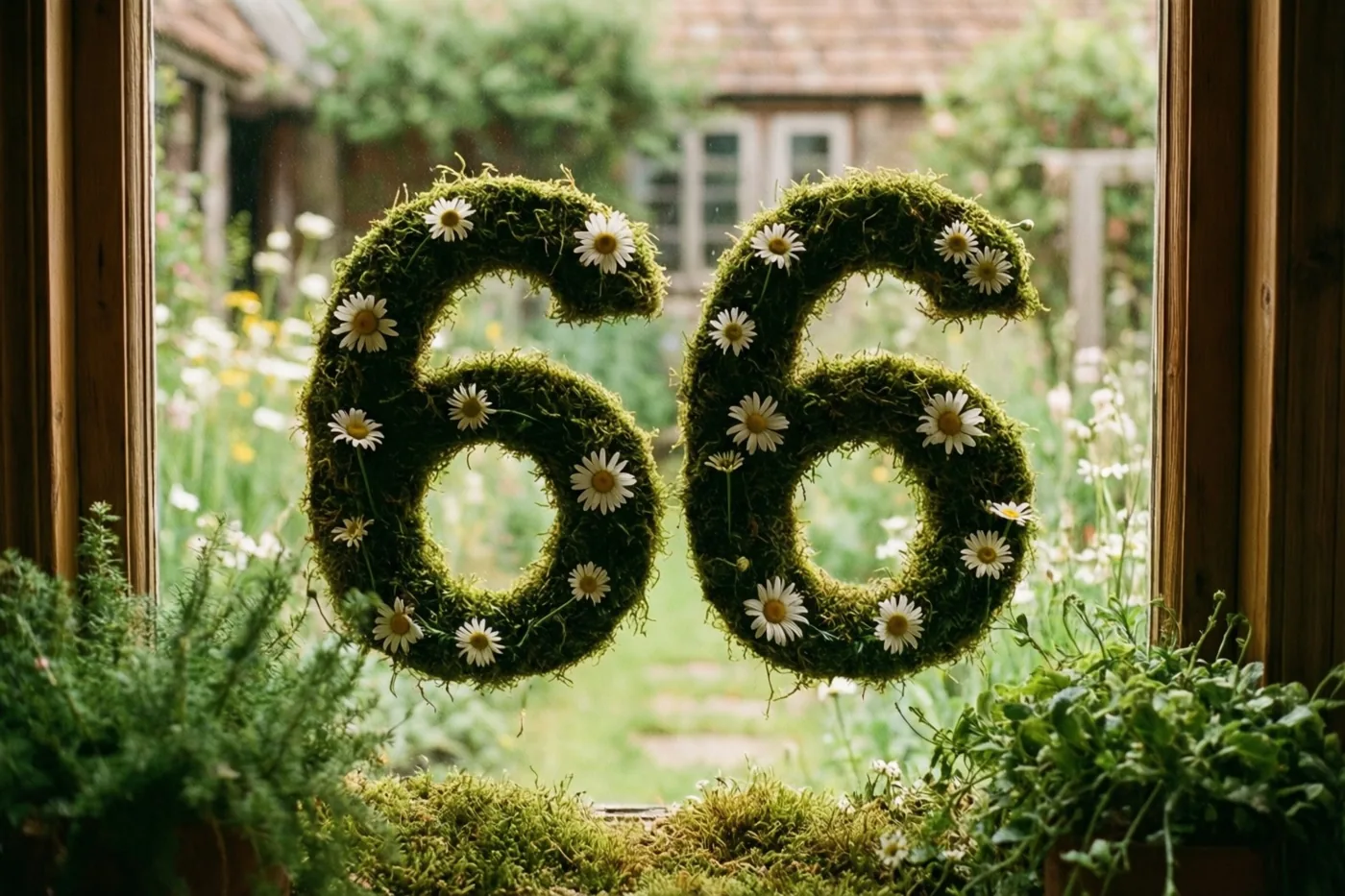 Door een houten raam is een met mos bedekt frame in de vorm van 66 met madeliefjes te zien in een landelijke tuin, met mos en gebladerte op de voorgrond.