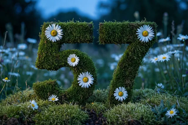 Het getal 57 van mos met madeliefjes staat in een landelijke tuin in koele blauwe tinten.