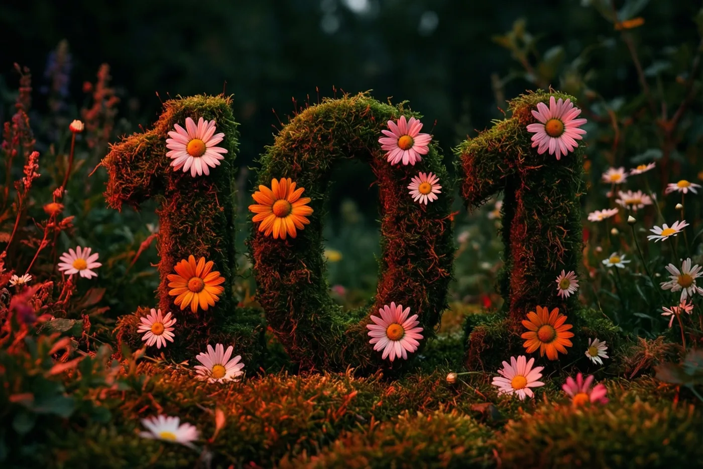 Met mos bedekte vormen maken samen 101, versierd met madeliefjes in een landelijke tuin met warm licht en een onscherpe achtergrond in groen, roze en oranje.