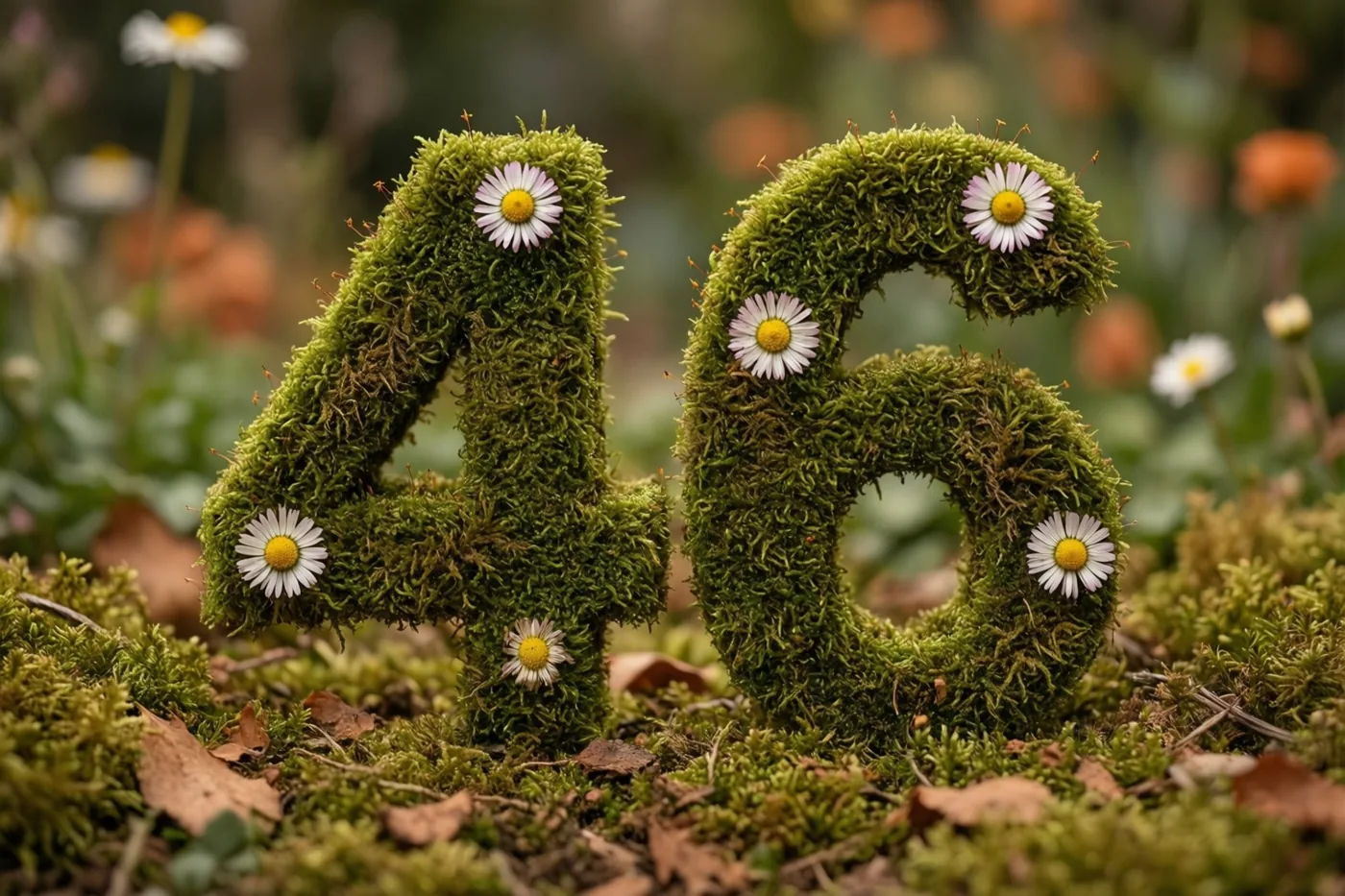 Het getal 46 is gevormd uit groen mos en versierd met kleine madeliefjes in een landelijke tuin met onscherp groen op de achtergrond.