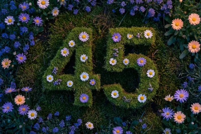 Het getal 45 van groen mos is versierd met witte, paarse en perzikkleurige madeliefjes in een landelijke tuin met mos en bladeren.