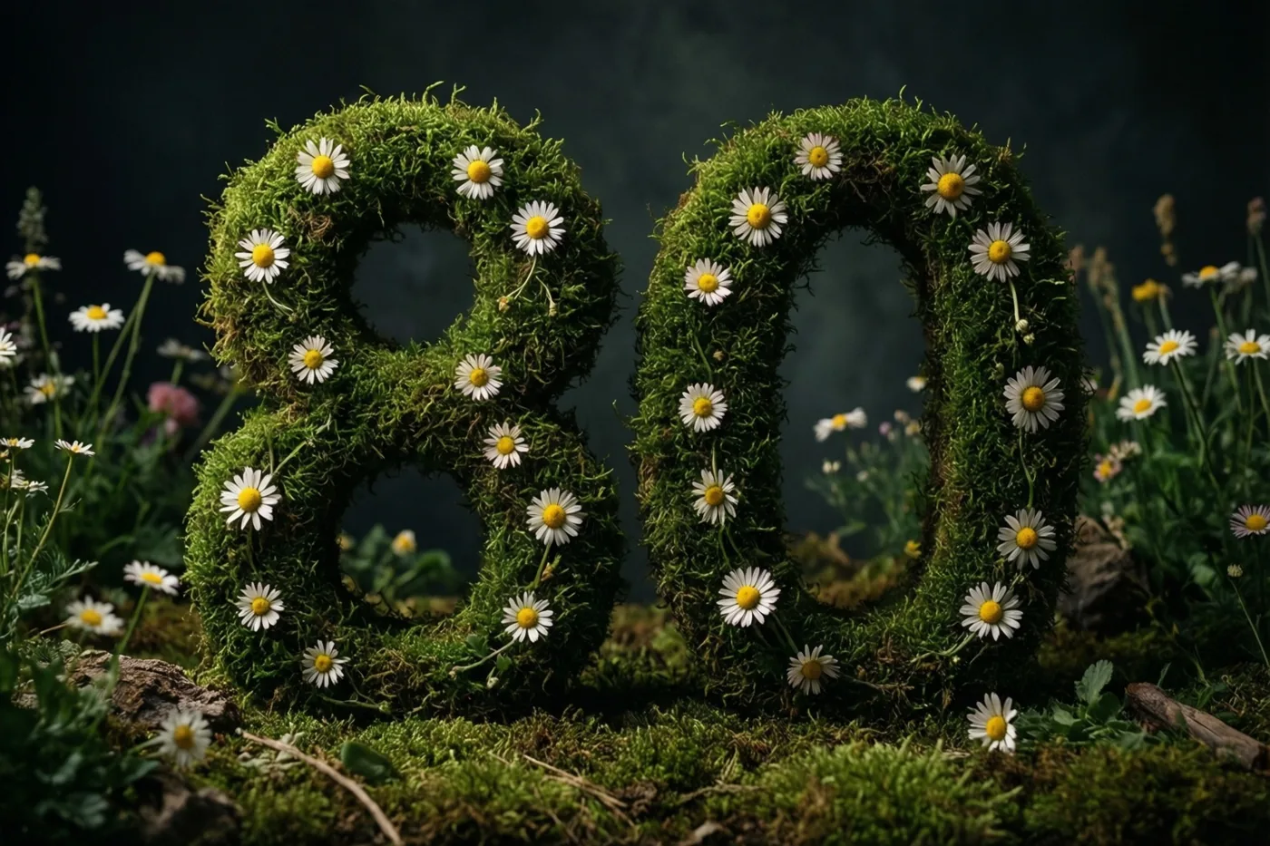 Een met mos bedekt frame vormt het getal 80 en is versierd met madeliefjes in een landelijke tuin met een donkere achtergrond, in groen, wit en geel.