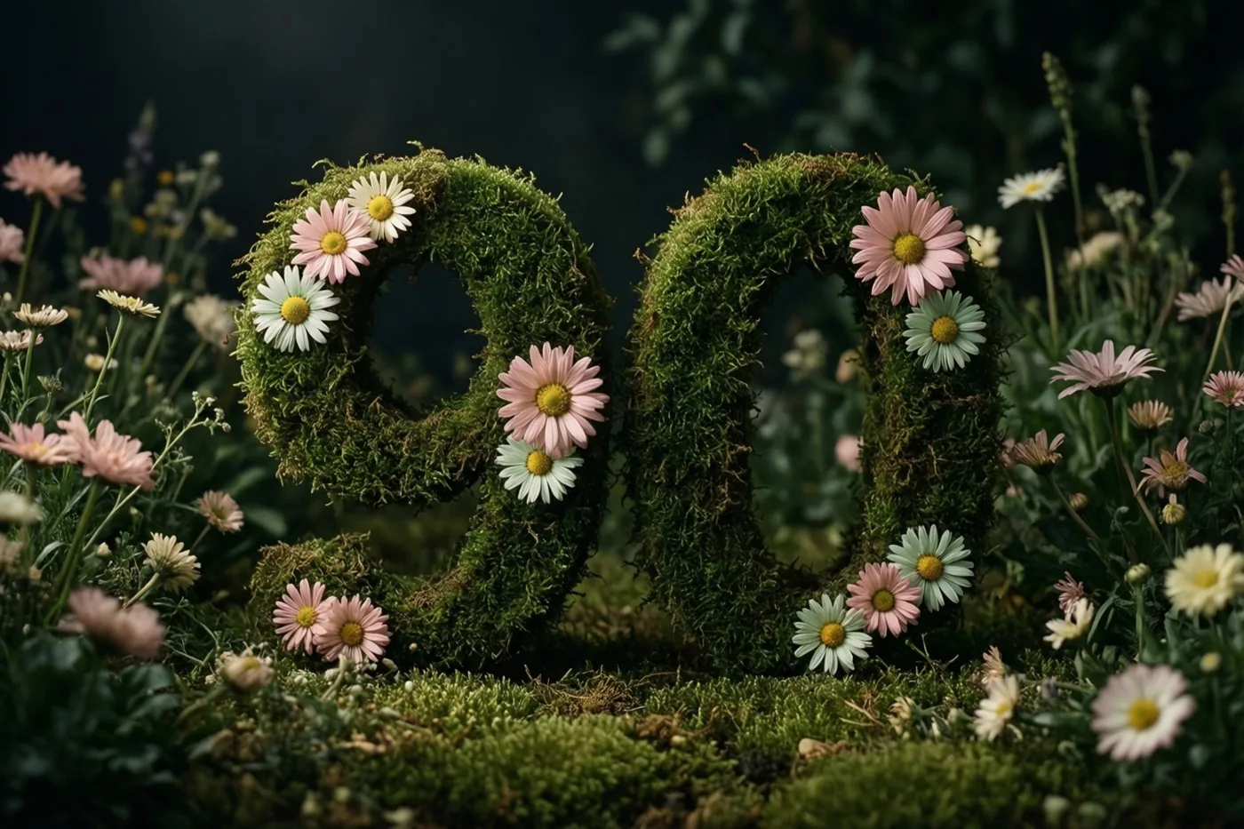 Een met mos bekleed frame vormt 90 en draagt roze en witte madeliefjes in een landelijke tuin met een donkere achtergrond.