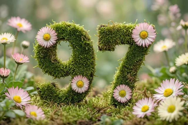 Een weelderig groen mosraamwerk vormt 97 in een landelijke tuin en is versierd met roze en witte madeliefjes.