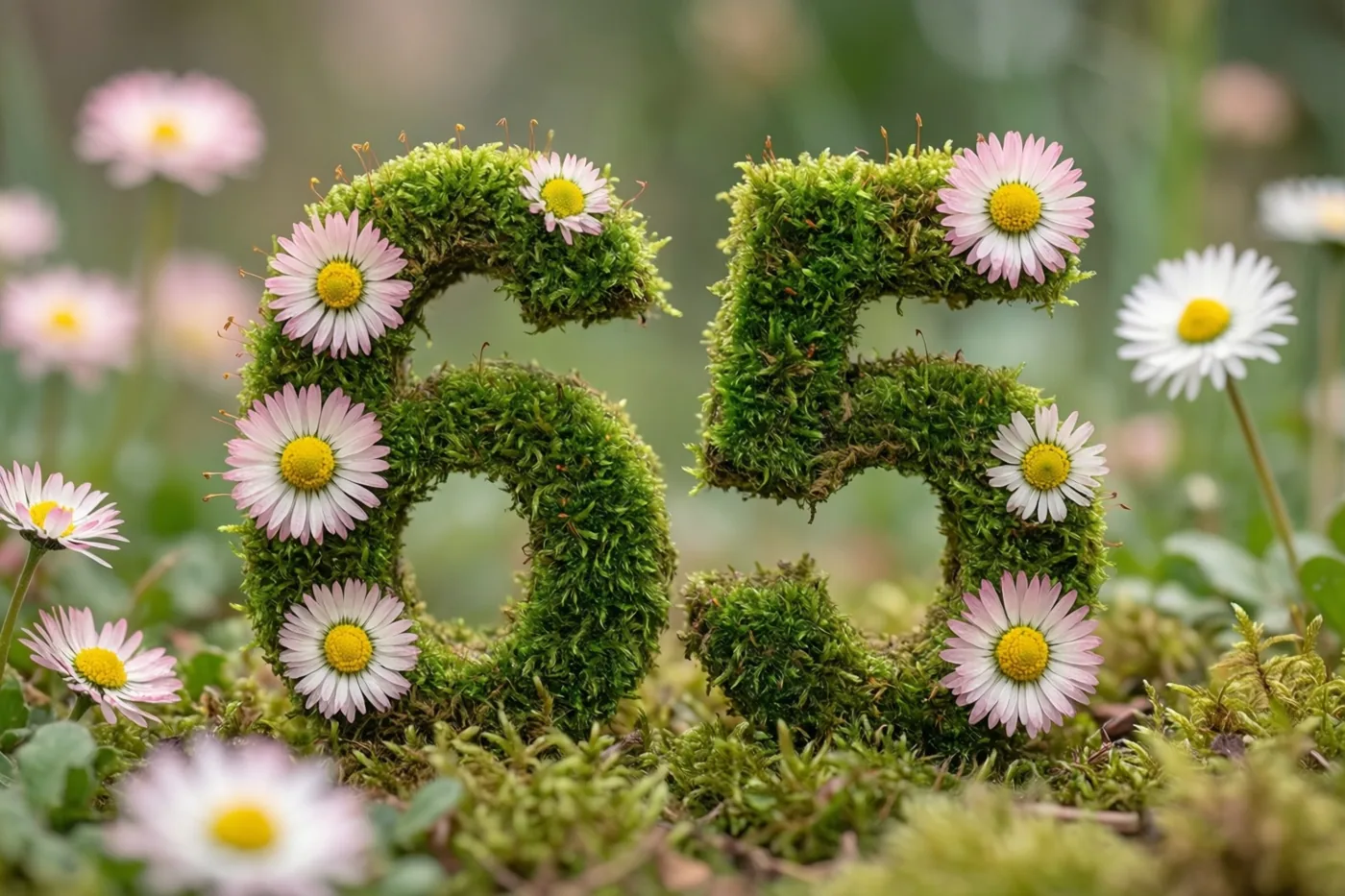 Een groen mosraamwerk vormt 65 en is versierd met roze en witte madeliefjes in een landelijke tuin met zachte groene en gele tinten.
