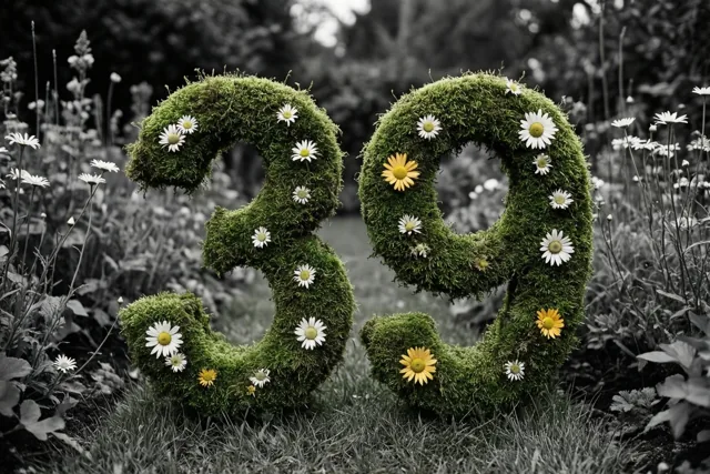 Een groen mosframe vormt 39 en is versierd met witte en gele madeliefjes in een landelijke tuin met een zwart-witte achtergrond.