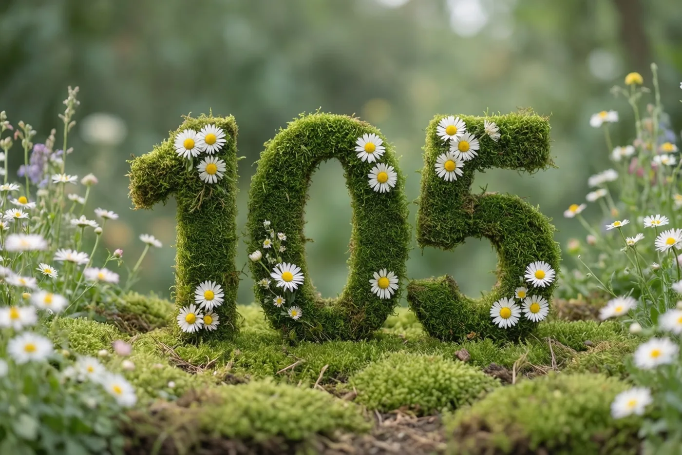 Het getal 105 is gevormd uit groen mos en versierd met witte madeliefjes in een landelijke tuin met onscherp gebladerte op de achtergrond.