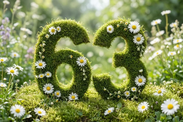 Een groen raamwerk van mos in de vorm van 63 is versierd met witte madeliefjes met gele hartjes, tegen een zachte onscherpe tuinachtergrond.