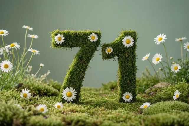 Het getal 71 van groen mos is versierd met witte madeliefjes tegen een zachte groene tuinachtergrond.