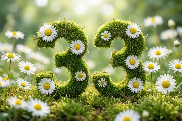 Het getal 33 is gevormd uit groen mos en versierd met witte madeliefjes in een landelijke tuin met een onscherpe achtergrond.