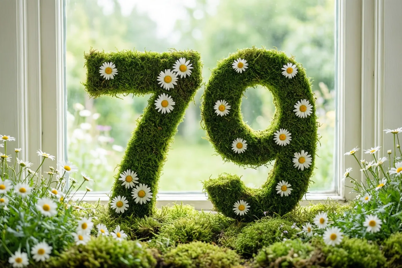 Het getal 79 van groen mos met witte madeliefjes staat op een vensterbank, met een onscherpe tuin op de achtergrond.