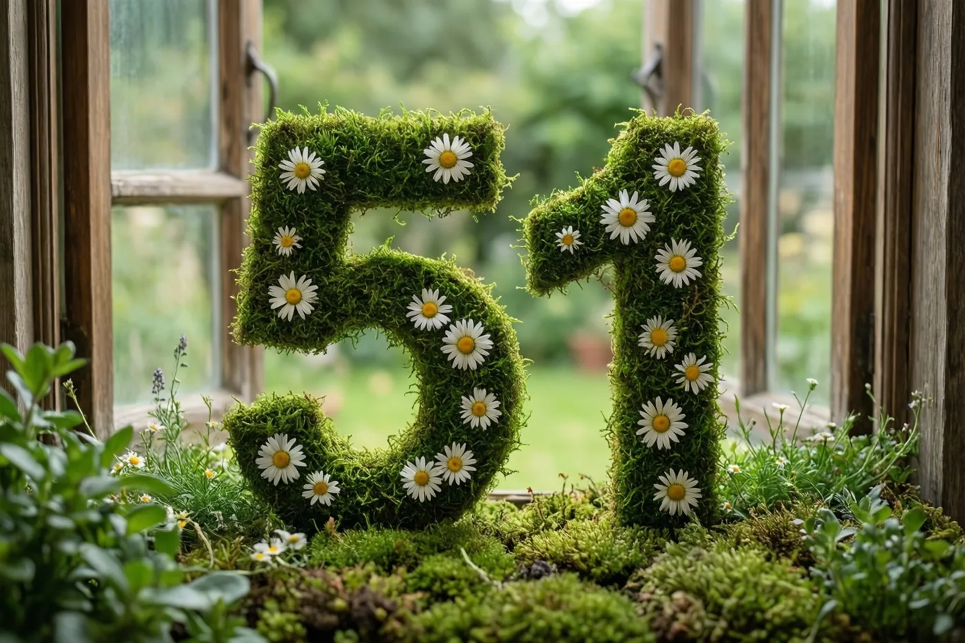 Het getal 51 van groen mos met witte madeliefjes staat op een bemoste vensterbank in een landelijke tuin, met daglicht en onscherp groen op de achtergrond.