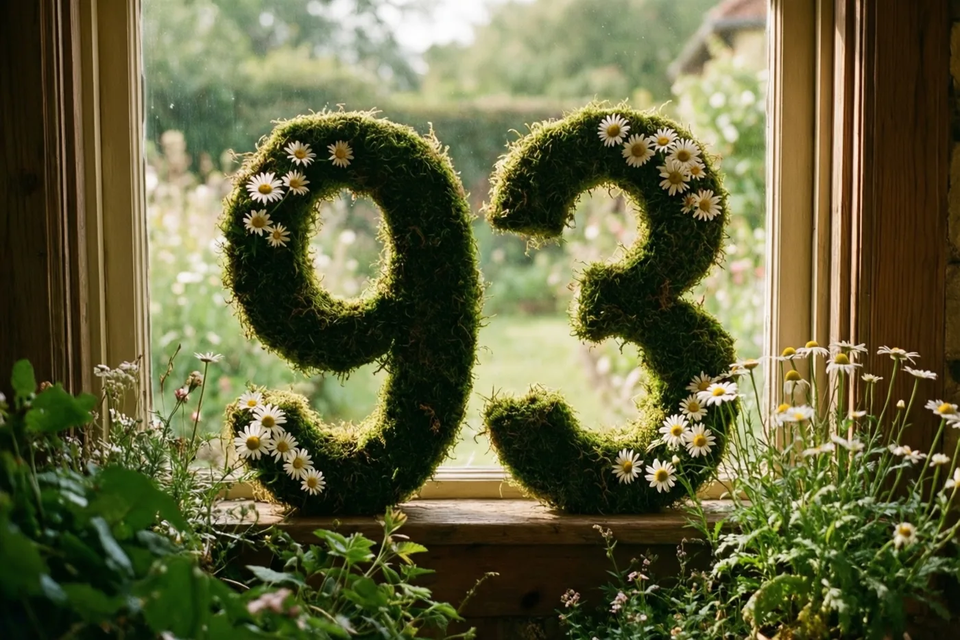 Het getal 93 van groen mos met madeliefjes staat op een houten vensterbank, met een landelijke tuin en groen zichtbaar door het raam.