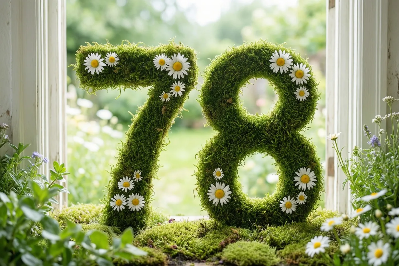 Het getal 78 van groen mos met witte madeliefjes staat op een vensterbank, met een onscherpe tuin op de achtergrond.