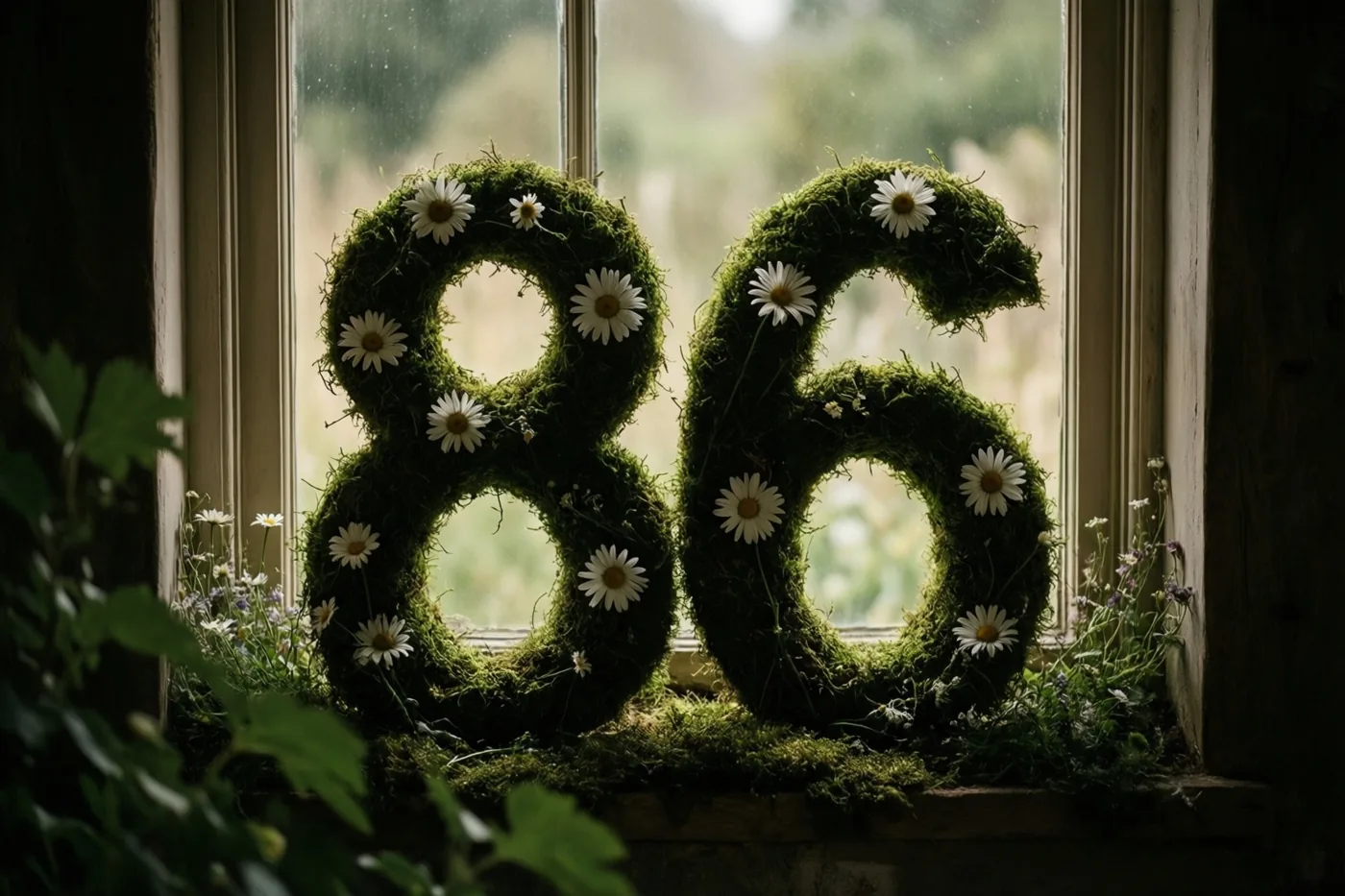 Een met mos bedekt raamwerk in de vorm van 86 staat met madeliefjes op een vensterbank in een rustieke tuinomgeving met zacht daglicht.