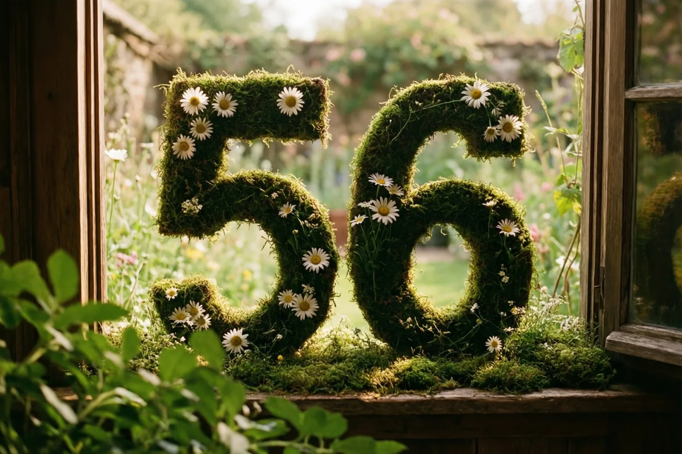 Het getal 56 van mos met madeliefjes staat op een houten vensterbank met zicht op een landelijke tuin in warm zonlicht.
