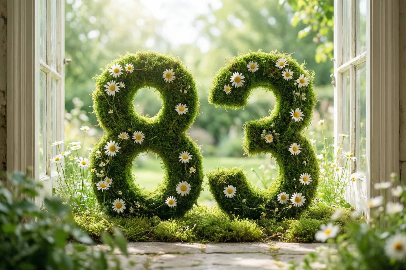 Het getal 83 van weelderig groen mos met witte madeliefjes staat op een stenen vensterbank in een landelijke tuin, met zonlicht tussen de bomen.