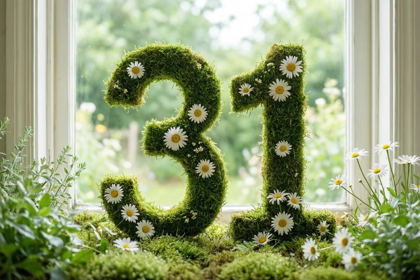 Het getal 31 van groen mos met witte madeliefjes staat op een vensterbank met een onscherpe tuin op de achtergrond.