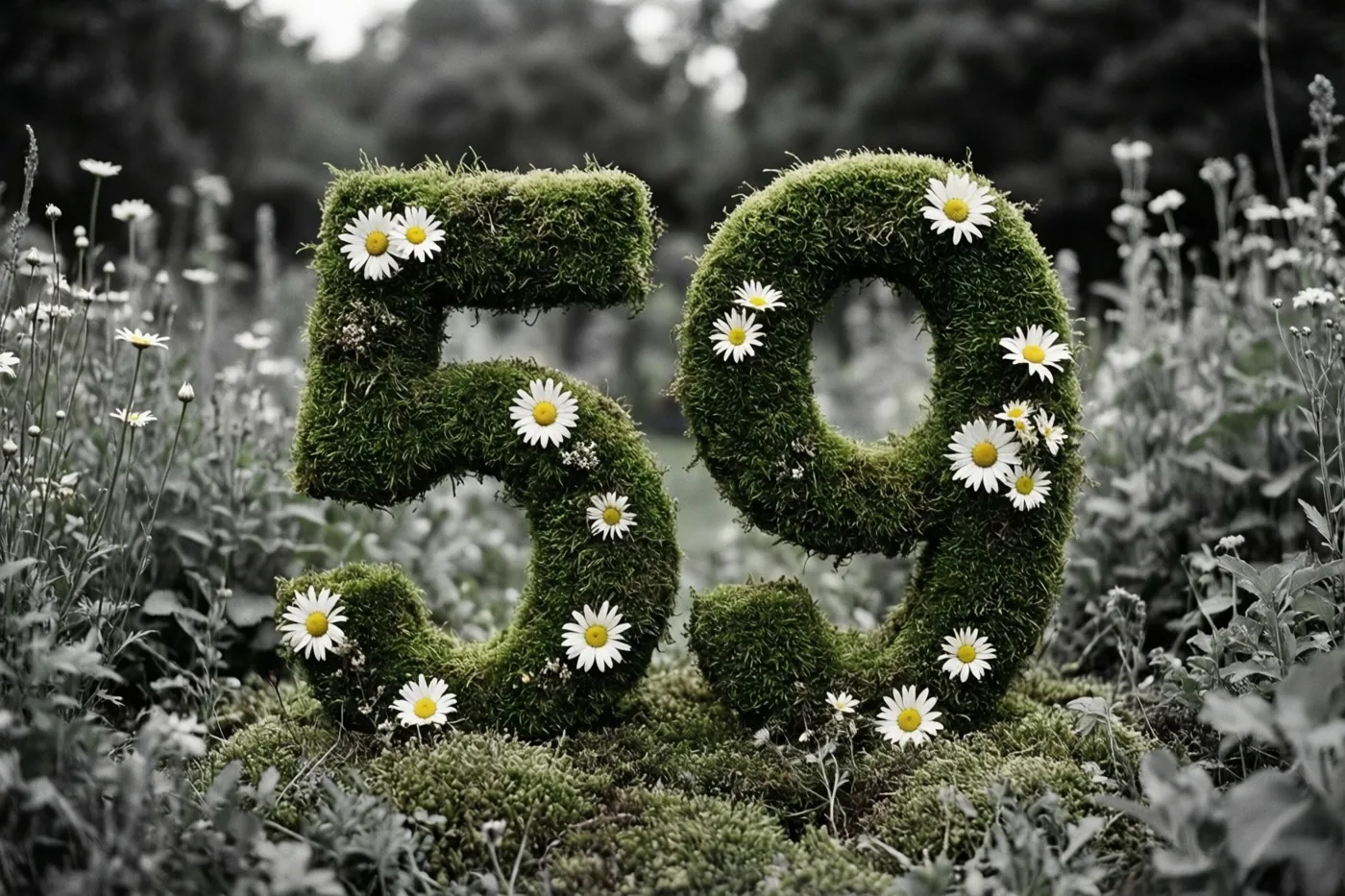 Een mossige groene haag in de vorm van 59 is versierd met witte madeliefjes tegen een monochrome tuinachtergrond met wazig gebladerte.