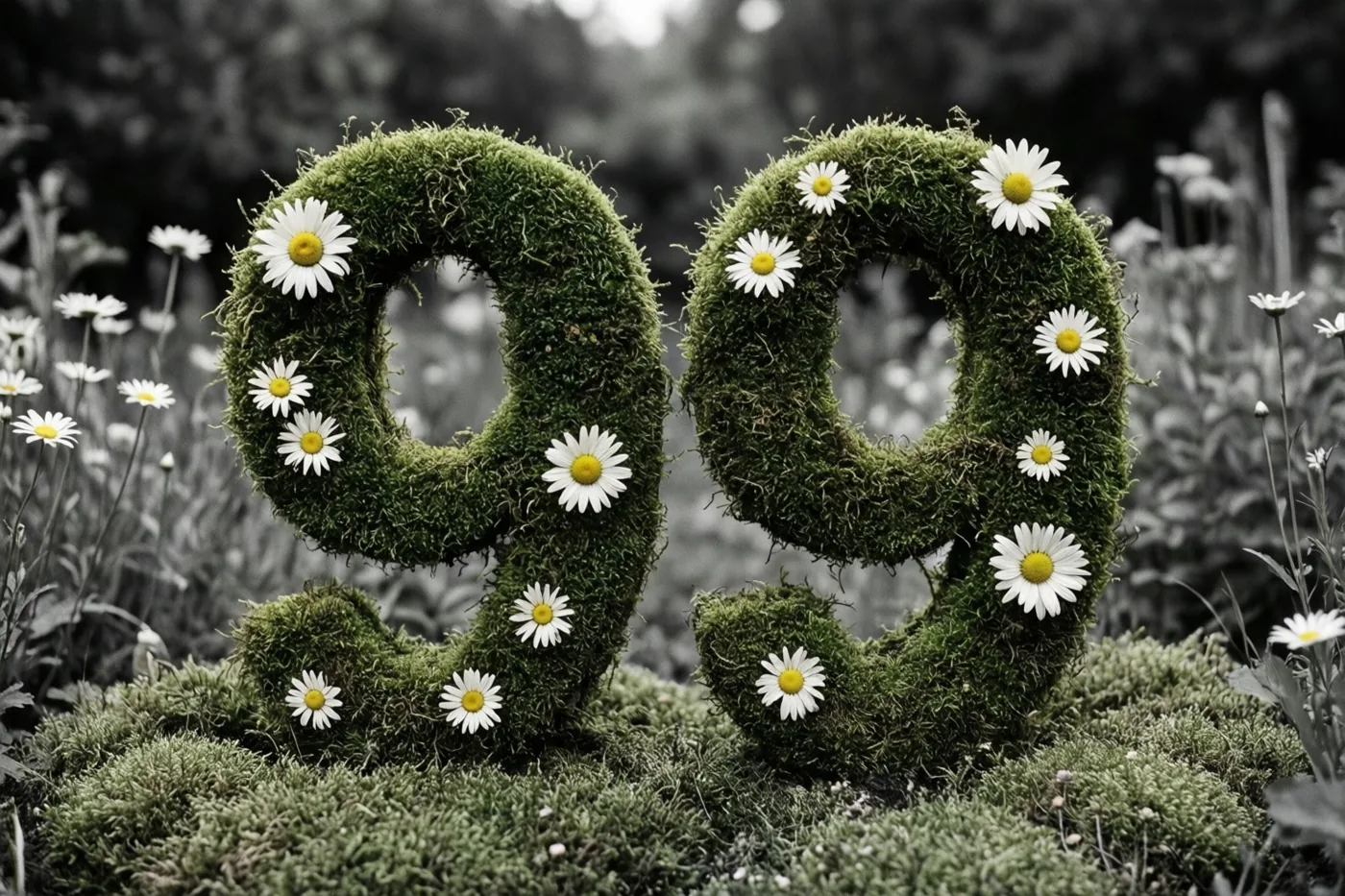 Het getal 99 is gevormd uit een met mos bedekte haag met madeliefjes, waarbij het groen en wit in kleur afsteken tegen een zwart-witte landelijke tuin.