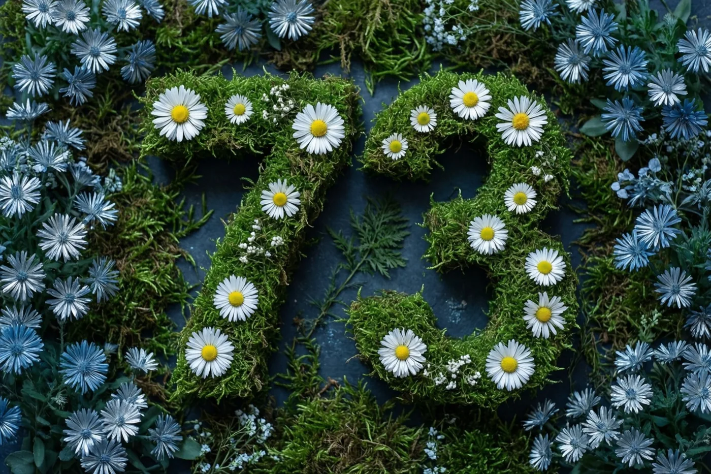 Het getal 73 van groen mos met witte madeliefjes staat tegen een donkerblauwe achtergrond, omringd door blauwe en witte bloemen.