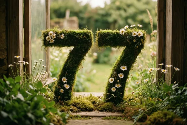 Twee grote met mos bedekte zevens met madeliefjes staan tussen houten raamkozijnen, met een onscherpe groene tuin op de achtergrond.