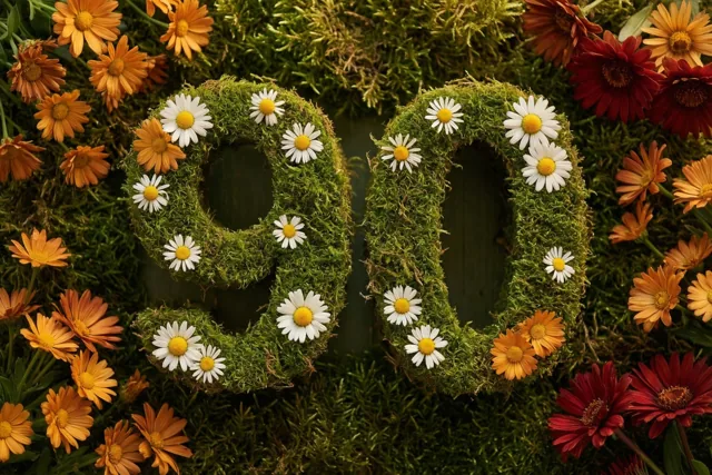 Een met mos bekleed frame vormt 90 en is versierd met witte madeliefjes, tussen oranje en rode bloemen in een tuin.