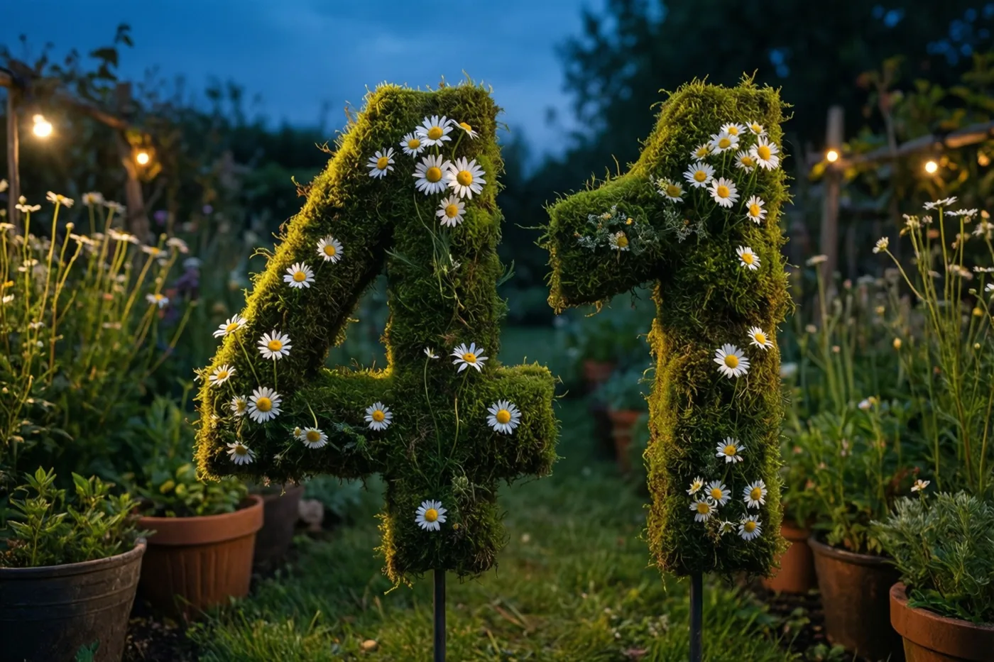 Een met mos bedekt frame vormt 41 met madeliefjes in een landelijke tuin bij schemering, tussen warme lichtslingers en potplanten.