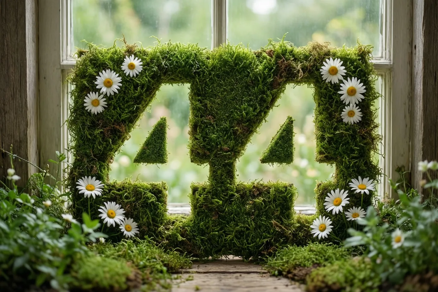 Een weelderig groen mosframe in de vorm van 44 met witte madeliefjes staat voor een rustiek houten raam met een onscherp tuinzicht.