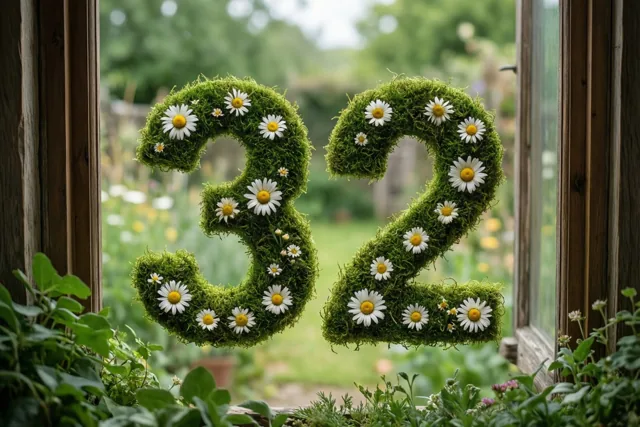 Het getal 32 van groen mos met witte madeliefjes staat voor een rustiek houten raam met een onscherpe groene tuin op de achtergrond.