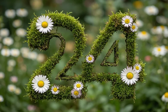 Een met mos bedekt frame vormt 24 en is versierd met madeliefjes tegen een onscherpe tuinachtergrond.