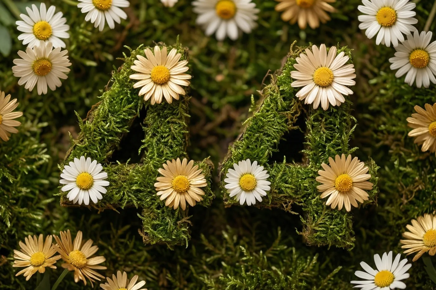 Een groen mosframe vormt 44 en is versierd met madeliefjes in een landelijke tuin, met groen, wit en geel als hoofdkleuren.